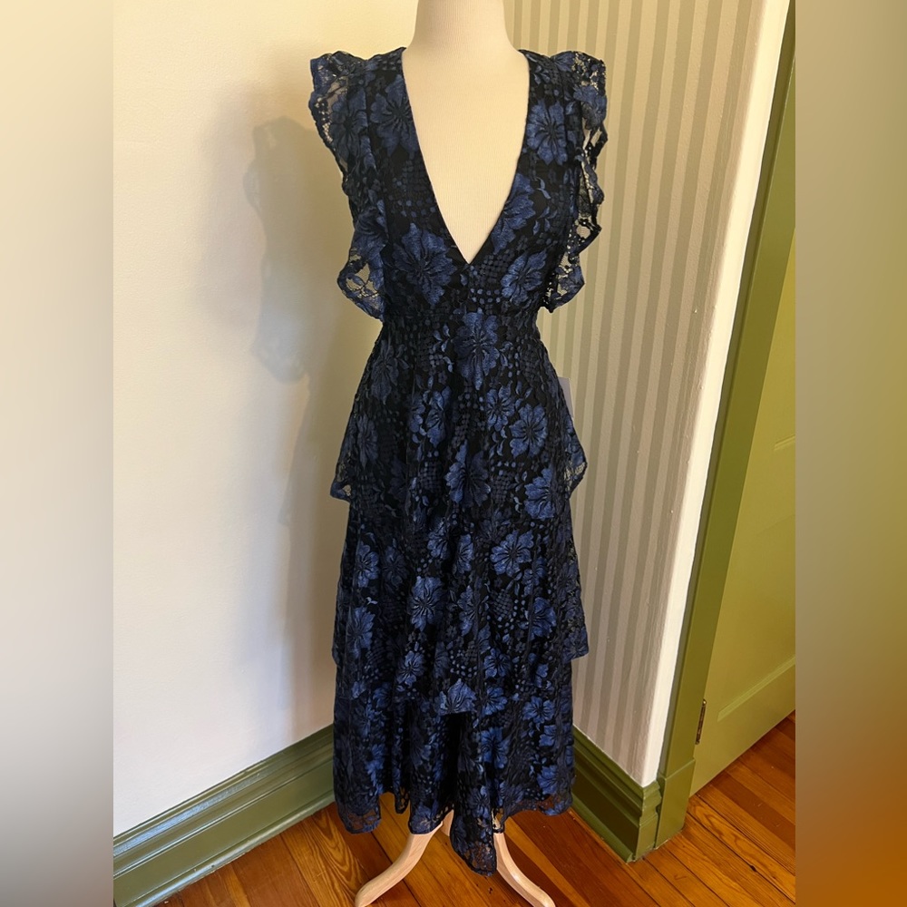 Lulu’s - Molinetto Navy Blue Lace Ruffled Tiered Sleeveless Maxi Dress